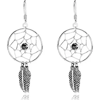 Náušnice Stříbrné náušnice 925, lapač snů s černou kuličkou a pírky, 20 mm