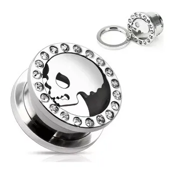 Piercing Plug do ucha z chirurgické oceli - zirkony, smrtka - Tloušťka : 8 mm