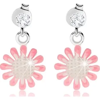 Náušnice Stříbrné náušnice 925, kvítek s bílou a růžovou glazurou