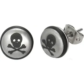 Náušnice Ocelové náušnice stříbrné barvy, kulička s lebkou a černou gumičkou