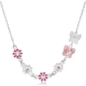 Náhrdelník Dětský náhrdelník ze stříbra 925 - kvítky s růžovou a bílou glazurou, motýlci ze syntetických krystalů