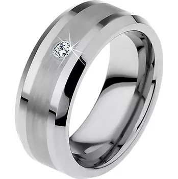 Prsten Wolframový prsten s matným středovým pásem a čirým zirkonem, 8 mm - Velikost: 59