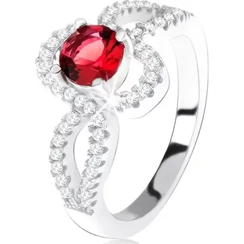 Prsten Stříbrný 925 prsten, červený kulatý kámen, zatočená zirkonová ramena - Velikost: 59