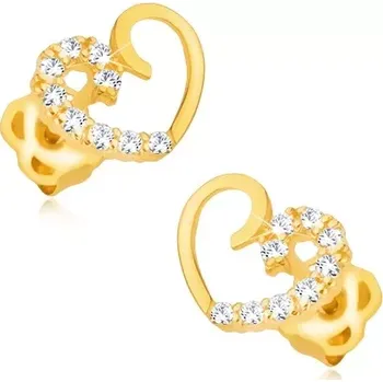 Náušnice Náušnice ze žlutého 14K zlata - kontura symetrického srdce, polovina s brilianty