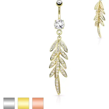 Piercing Piercing do bříška z oceli - visící listy se zirkonky, třpytivý zirkon v kotlíku - Barva piercing: Zlatá
