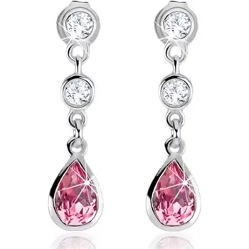 Náušnice Puzetové náušnice, růžová zirkonová kapka, čiré kamínky, stříbro 925