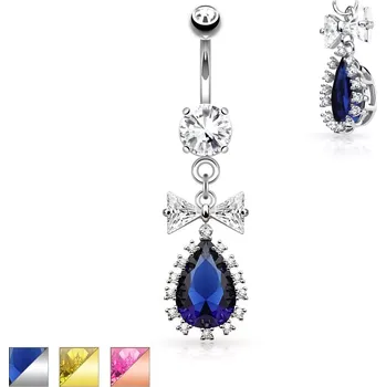 Piercing Ocelový piercing do pupíku, čirá mašlička a barevná zirkonová kapka - Barva piercing: Měděná