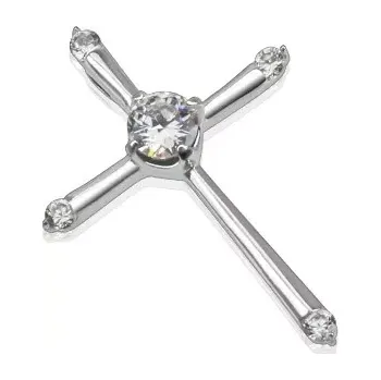 Přívěsek Šperky Eshop Ocelový přívěsek - úzký křížek se zirkonky na koncích