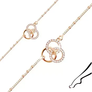 Náramek Stříbrný náramek na nohu 925 měděné barvy - tři propojené kruhy, čiré zirkony