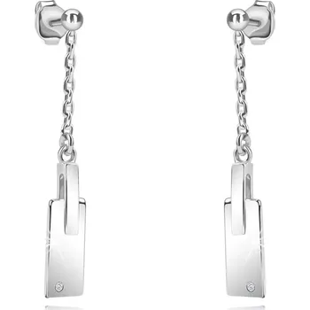 Náušnice Stříbrné náušnice 925 - čirý diamant, hladká známka, krátký řetízek, puzetky