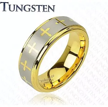 Prsten Wolframový prsten ve zlatém odstínu, křížky a pás stříbrné barvy, 8 mm - Velikost: 70