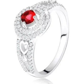 Prsten Prsten - červený kamínek s dvojitým zirkonovým lemem, srdce, ze stříbra 925 - Velikost: 56