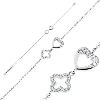 Náramek Nastavitelný náramek, stříbro 925, oválná očka, obrys srdíčka a květu