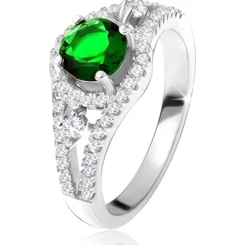 Prsten Prsten - stříbro 925, kulatý zelený zirkon, zaoblené linie, čiré kamínky - Velikost: 57