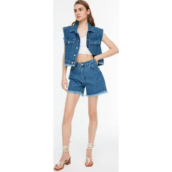 Dámské kraťasy Trendyol modré džínové šortky s třásněmi Trendyol modrá 1875246