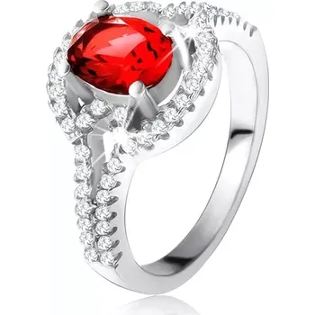 Prsten Prsten s červeným oválným zirkonem, rozdvojená zaoblená ramena, stříbro 925 - Velikost: 59