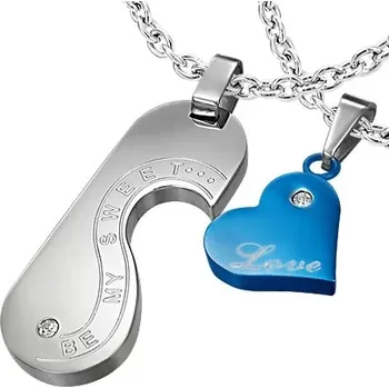 Přívěsek Ocelové přívěsky pro dvojici - srdce, známka, zamilované nápisy, stříbrná a modrá barva