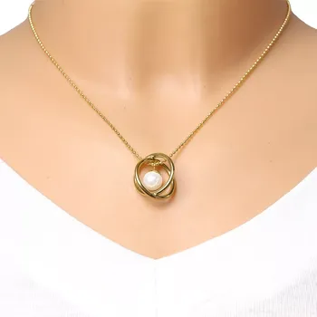 Náhrdelník Náhrdelník z oceli ve zlaté barvě - kuličkový řetízek, dva zkřížené kruhy, perleťová kulička