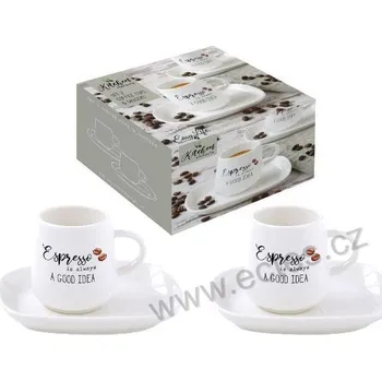 Easy Life KITCHEN ELEMENTS bílé porcelánové espresso šálky a podšálky s nápisem Espresso a kávovými zrnky 100ml 2 ks