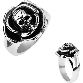 Prsten Patinovaný ocelový prsten, růže s lebkou uprostřed, rozdvojená ramena - Velikost: 69