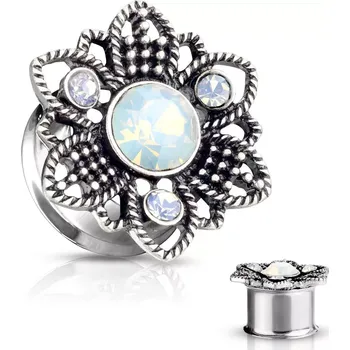 Piercing Ocelový plug do ucha - květ ozdobený černou patinou, čtyři syntetické opály - Tloušťka piercingu: 16 mm