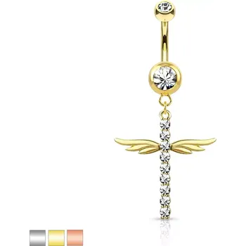 Piercing Ocelový 316L piercing do bříška, rhodiovaný - okřídlený kříž, kulaté čiré zirkony, 1,6 mm - Barva: Zlatá