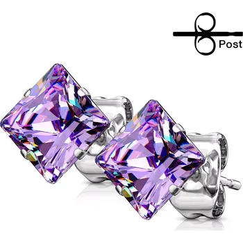 Náušnice Ocelové náušnice, puzetky, čtvercový zirkon tanzanitové barvy - Velikost zirkonu: 5 mm