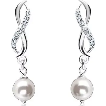 Náušnice Stříbrné náušnice 925, symbol nekonečna ze dvou vlnek, bílá kulatá perlička