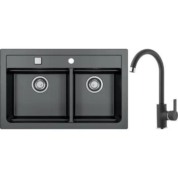 Granitový dřez Alveus Set Atrox 50 Granitový dřez dvojitý 790x500 mm + baterie Tonia 91, černá, SETA22150