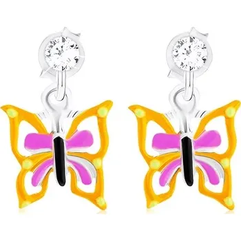 Náušnice Puzetové náušnice ze stříbra 925, motýl se žlutofialovými křídly, glazura