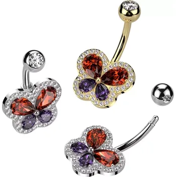 Piercing Piercing do pupíku z oceli - motýl s barevnými zirkonovými křídly - Barva: Zlatá