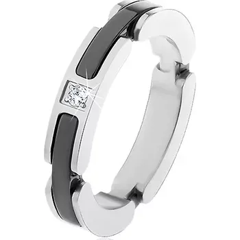 Prsten Ocelový prsten stříbrné barvy, výřezy s keramickými pásy, čirý zirkon - Velikost: 56