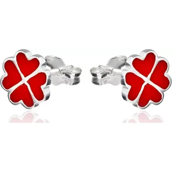 Náušnice Stříbrné puzetové náušnice 925 - červená srdíčka ve čtyřlístku