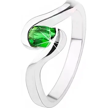 Prsten Zásnubní stříbrný prsten 925 - zvlněná ramena, tmavě zelený oválný kamínek - Velikost: 51