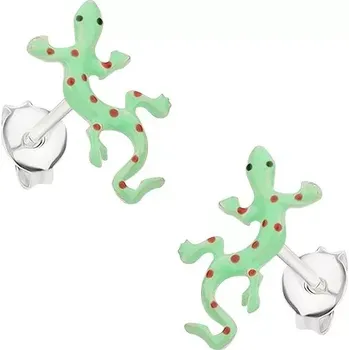 Náušnice Stříbrné 925 náušnice, zelená ještěrka s červenými tečkami, glazura