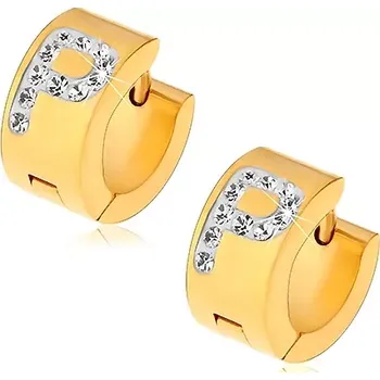 Náušnice Kloubové ocelové náušnice ve zlatém odstínu, čiré zirkonové písmeno P