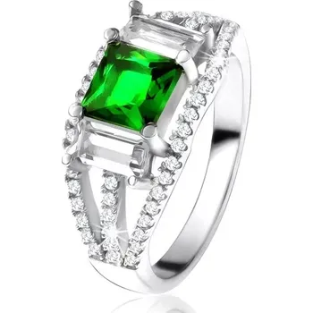 Prsten Prsten ze stříbra 925, čtvercový zelený zirkon, čiré obdélníkové kamínky - Velikost: 52