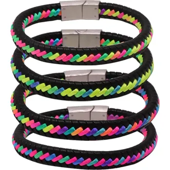 Náramek Černý kožený náramek - zapletené různobarevné šňůrky, zásuvné zapínání