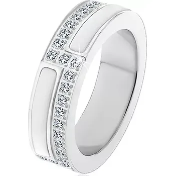 Prsten Ocelový prsten stříbrné barvy, pásy z bílé keramiky a z čirých zirkonů - Velikost: 64