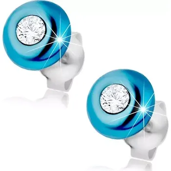 Náušnice Stříbrné náušnice 925, glazovaná polokoule modré barvy, zirkon