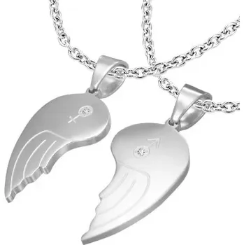 Přívěsek Dvojpřívěsek z oceli 316L, andělská křídla, symboly ONA a ON, čiré zirkony