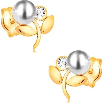 Náušnice Náušnice ze žlutého 14K zlata - kvítek s bílou perlou a čirým zirkonem