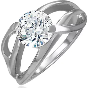 Prsten Zásnubní prsten s příčným úchytem a kulatým čirým zirkonem, ocel 316L - Velikost: 49