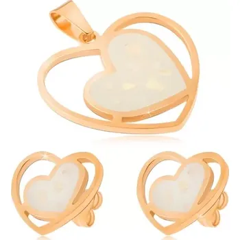 Souprava šperků Šperky Eshop sada z oceli náušnice a přívěsek, bílá perleťová srdce