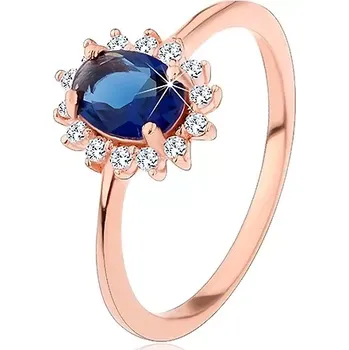 Prsten Stříbrný 925 prsten měděné barvy, tmavomodrý oválný zirkon s čirou obrubou - Velikost: 57