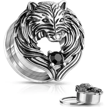 Piercing Patinovaný plug do ucha z oceli - vlk, černý kulatý zirkon - Tloušťka : 14 mm
