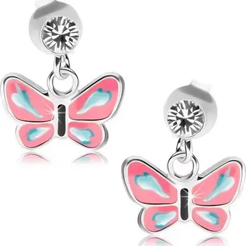 Náušnice Stříbrné náušnice 925, čirý krystal od Swarovského, motýlek s růžovými křídly