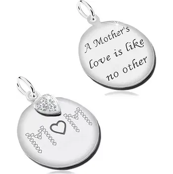 Přívěsek Přívěsek ze stříbra 925, plochý oboustranný kruh s černými nápisy, srdíčko