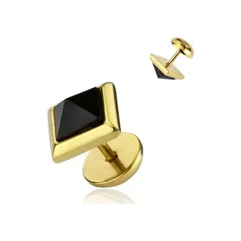 Piercing Falešný plug do ucha - pozlacený, onyxová pyramida