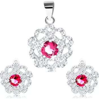 Souprava šperků Stříbrný set 925 - přívěsek a náušnice, čirý květ s červenorůžovým středem